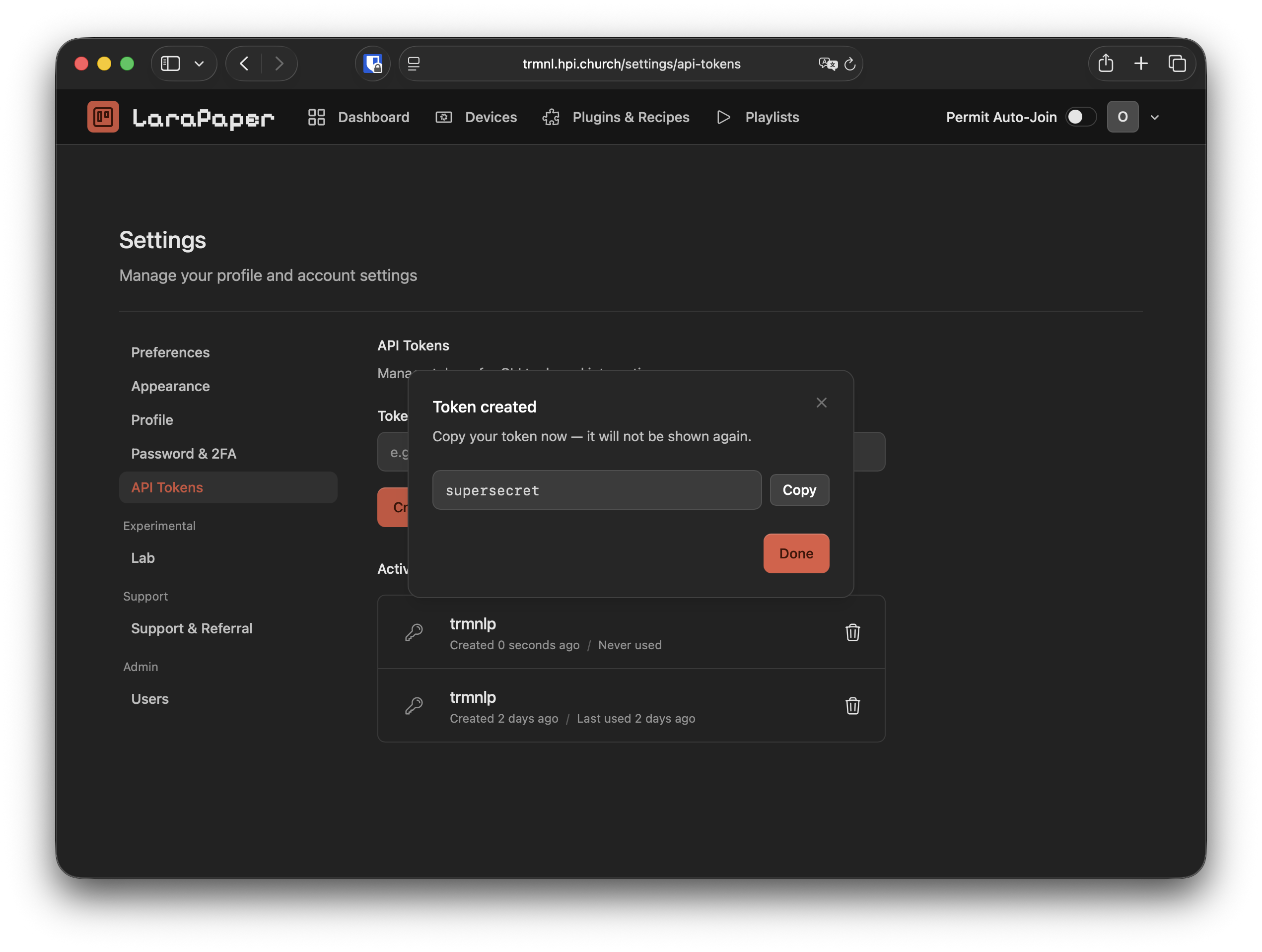 Creating an API token